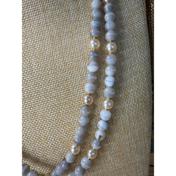 Long Beaded Necklace With Neutral Gray & Gold Tones - Picture 3 of 11